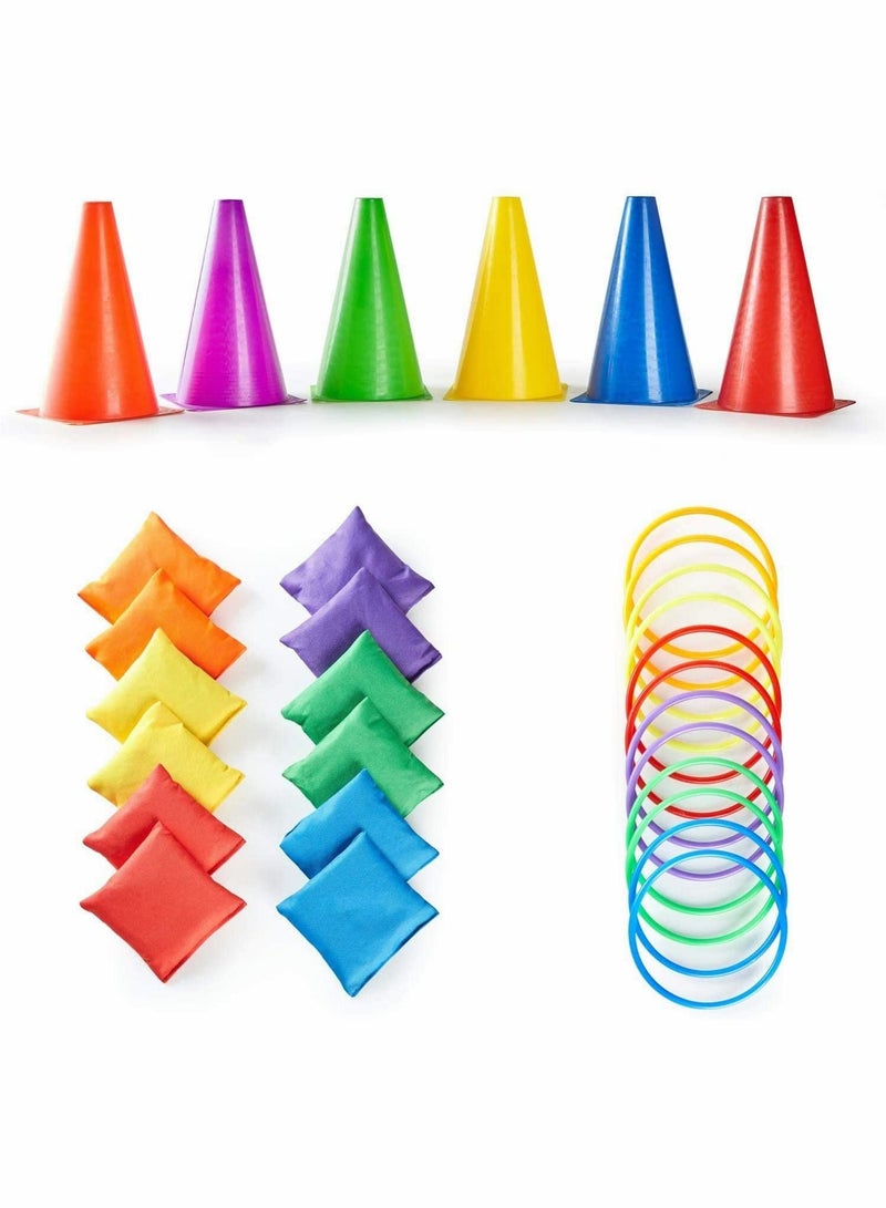 Excefore مجموعة ألعاب الكرنفال 3 في 1 لعبة رمي الحلقات 18 قطعة مجموعة كرنفال مع أكياس الفاصوليا وأقماع بلاستيكية وحلقات رمي للنشاطات الخارجية والداخلية للأطفال والبالغين - Image 4