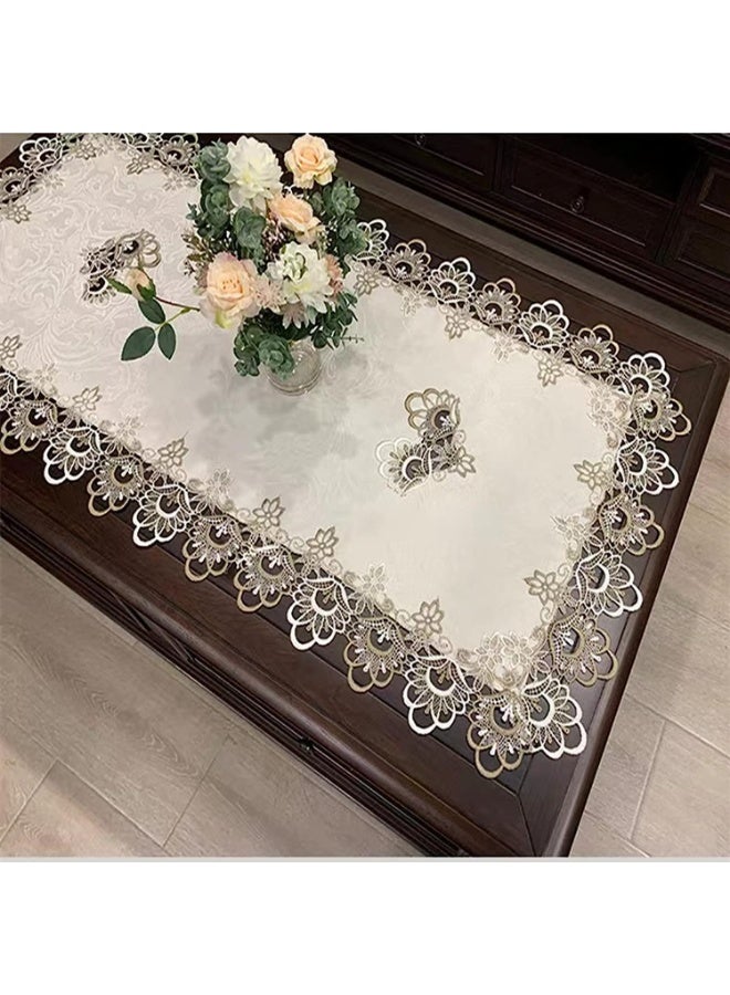 HZYH Beige Embroidered Coffee Table Cover Rectangular Dust Cover, Lace tablecloth rectangular for Dressers and Nightstand Scarf Antique Mantel Coffee Table Decoration(20''X43'') - Image 2