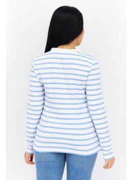 Tchibo Women Ruffle Neck Long Sleeve Stripe Blouse, Blue  - Image 3