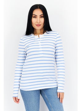 Tchibo Women Ruffle Neck Long Sleeve Stripe Blouse, Blue  - Image 1