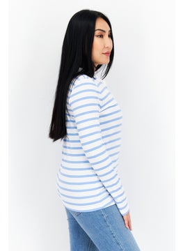 Tchibo Women Ruffle Neck Long Sleeve Stripe Blouse, Blue  - Image 2