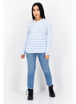 Tchibo Women Ruffle Neck Long Sleeve Stripe Blouse, Blue  - Image 4