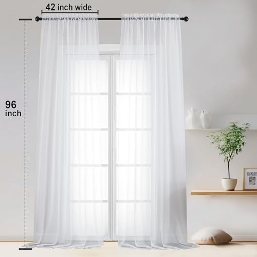 OWENIE White Sheer Curtains 96 Inches Long, Elegant Sheer Curtains for Bedroom, Window Voile Sheer Curtain Panels/Drapes/Treatment for Living Room, 2Pcs, Each 42" W x 96" L - Image 3