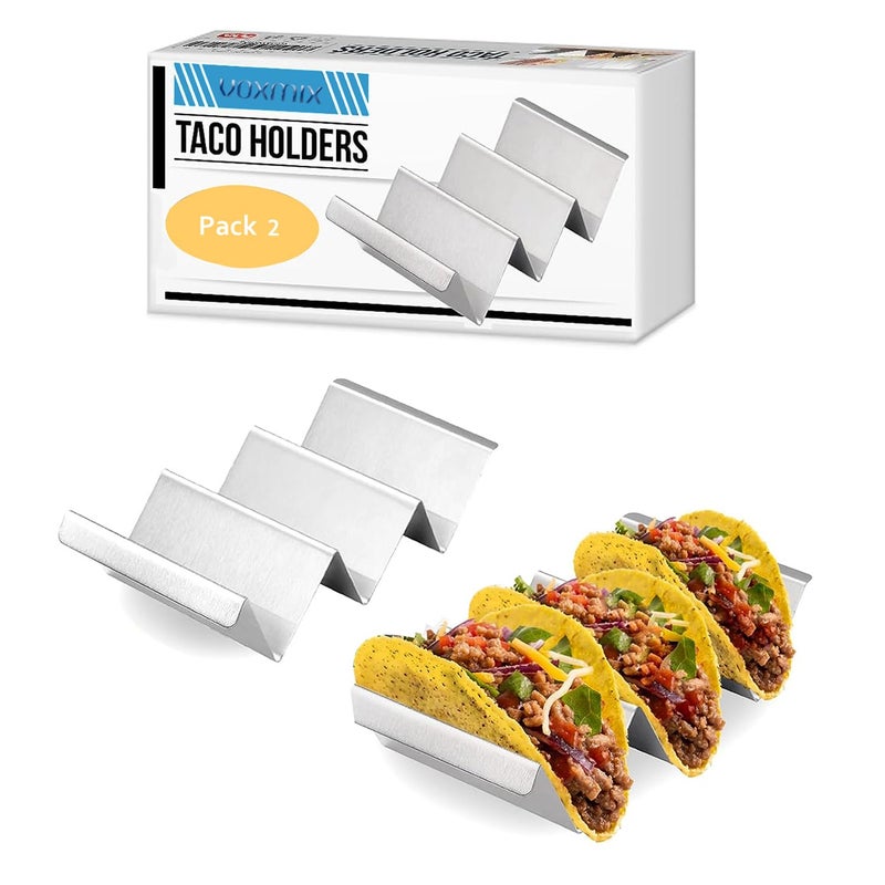 Voxmix Taco Holders 2 Packs - Stainless Steel Taco Stand Rack Tray Style by, Oven Safe for Baking, Dishwasher and Grill Safe - Image 1