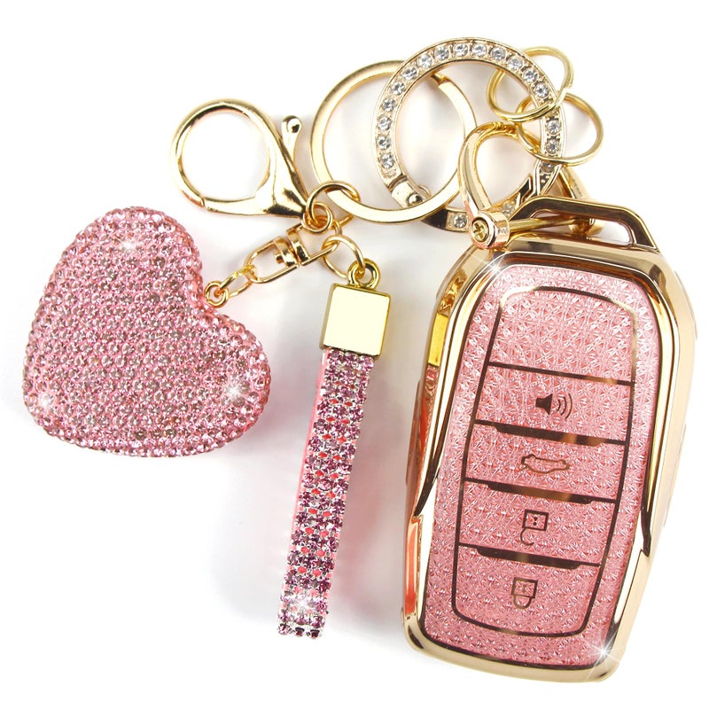 YIKECASE Key Fob Cover with Diamond Keychain Fit for Toyota Car Key Holder Compatible with Camry 2025, Venza 2019-2024, RAV4 Prime, Land Cruiser, Fortuner, Grand Highlander, Corolla, 4 Buttons (Pink) - Image 1