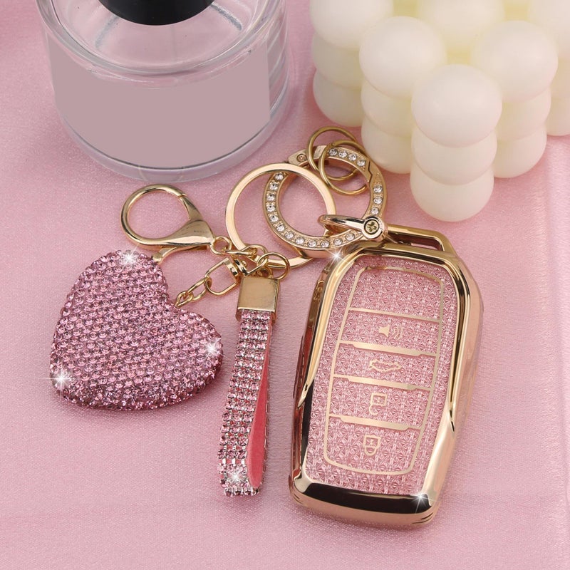 YIKECASE Key Fob Cover with Diamond Keychain Fit for Toyota Car Key Holder Compatible with Camry 2025, Venza 2019-2024, RAV4 Prime, Land Cruiser, Fortuner, Grand Highlander, Corolla, 4 Buttons (Pink) - Image 4