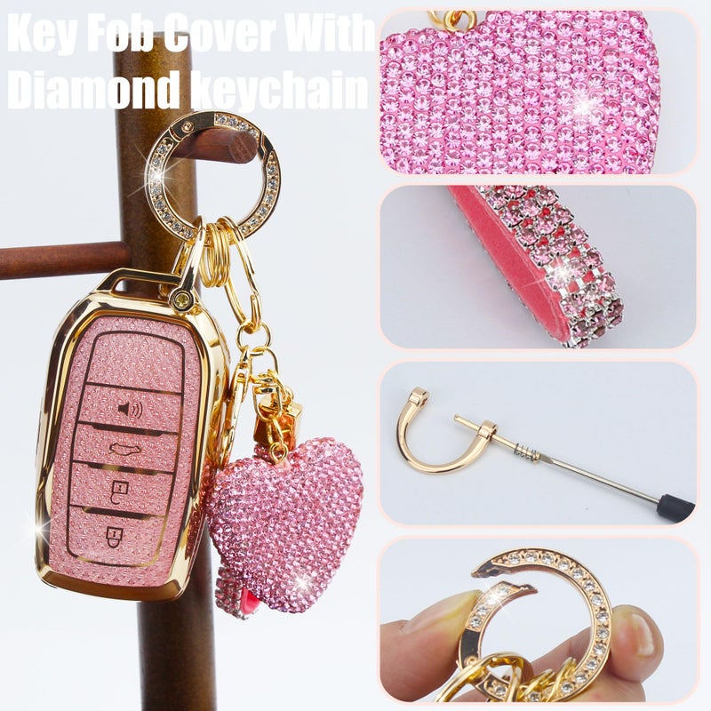 YIKECASE Key Fob Cover with Diamond Keychain Fit for Toyota Car Key Holder Compatible with Camry 2025, Venza 2019-2024, RAV4 Prime, Land Cruiser, Fortuner, Grand Highlander, Corolla, 4 Buttons (Pink) - Image 3
