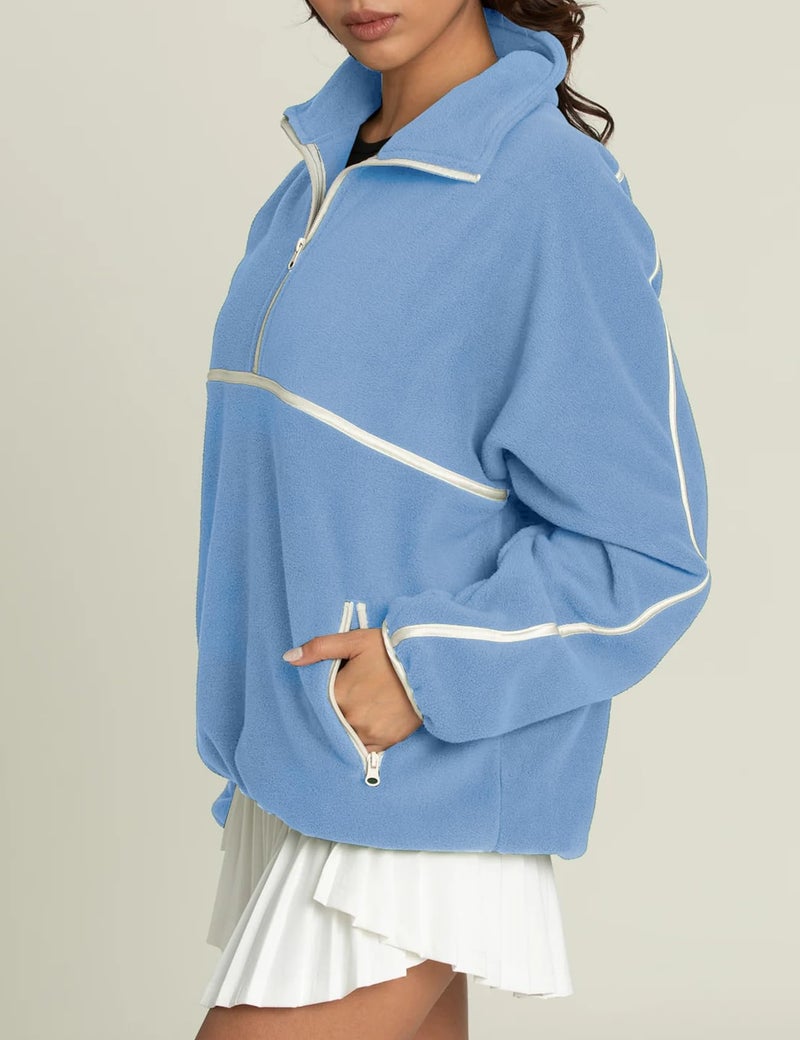 Yimoon Women's Oversized Sweatshirt Quarter Zip Fleece Pullover Casual Long Sleeve Loose Fall Fuzzy Tops Jacket Pockets(Blue-L) - Image 3