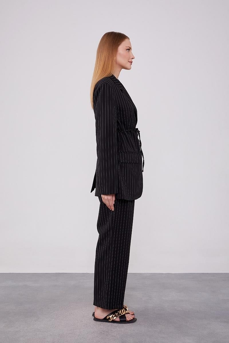 Levidor Black Waist-Tie Striped Trouser Suit  - Image 3