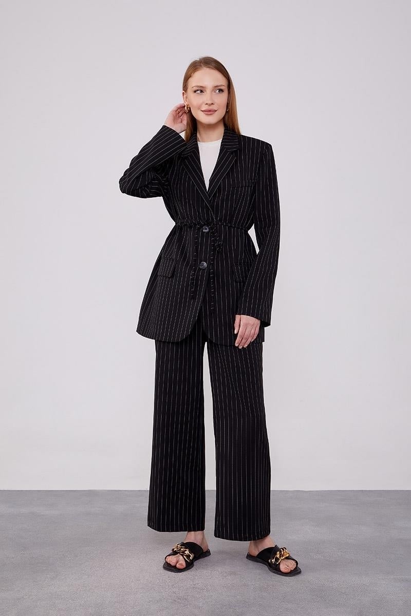Levidor Black Waist-Tie Striped Trouser Suit  - Image 2