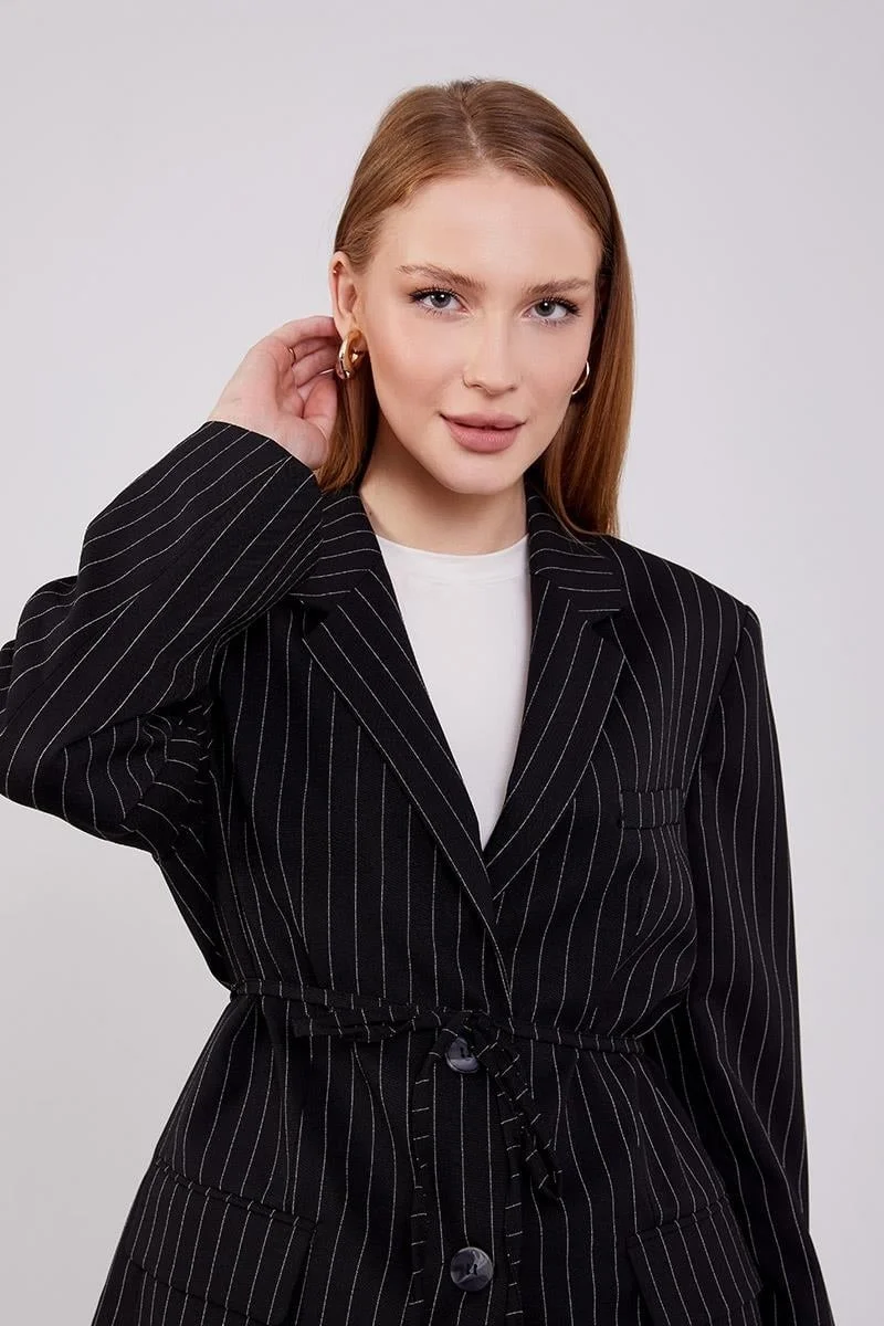 Levidor Black Waist-Tie Striped Trouser Suit