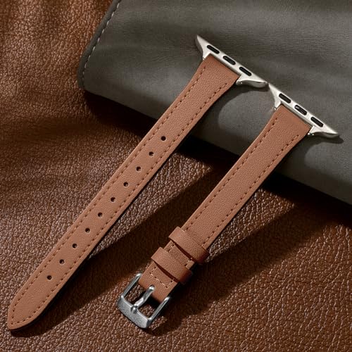 Charlam Compatible with Apple Watch Bands for Women 41mm 40mm 38mm 42mm 44mm 45mm 46mm, Top Grain Soft Leather Bands Slim Wristband for iWatch SE, iWatch Series 11 10 9 8 7 6 5 4 3 2 1,Brown/Starlight - Image 5