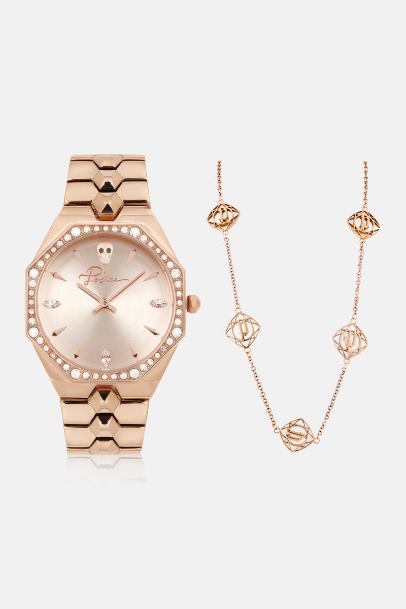POLICE Women P 16038BSR-32M Stainless Steel Analog Watch 35 mm With Necklace, Rose Gold - Image 1