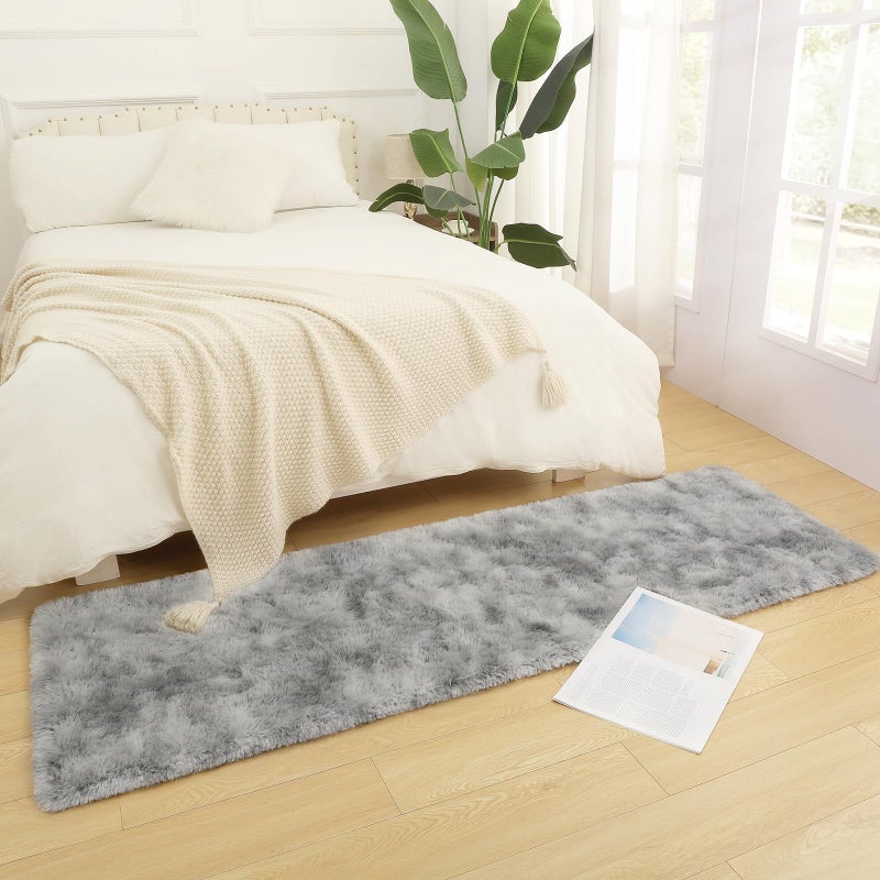 DETUM Grey Bedroom Rug 2X6 Runner Rugs  Tie-Dyed Fluffy Area Rugs for Hallyway Entryway Kitchen Bedside Soft Kids Room Rugs Furry and Washable Dorm Rug for Guys College Room Decor - Image 1