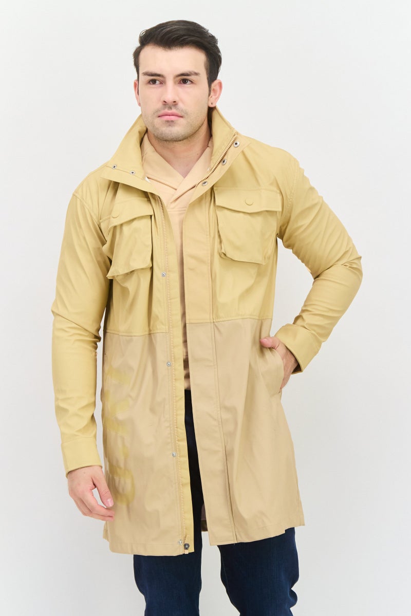 D RT Men Solid Trench Jacket, Tan - Image 1