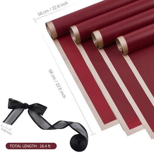 Homepixi Pack of 20, Bouquet Wrapping Sheets (57x57cm) Burgundy with Free Ribbon, Premium Waterproof Flower Bouquet Wrapping Paper, Bouquet Wrapping Paper for Birthday, bouquet wrapper for Wedding - Image 2