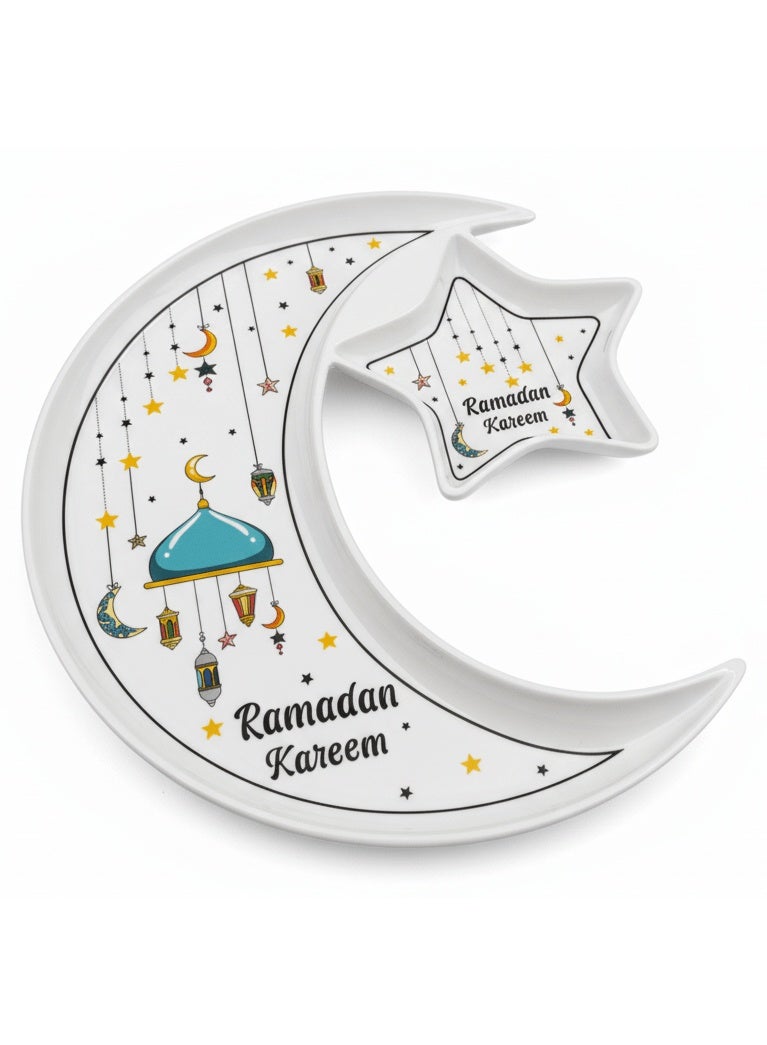 أي كي دي سي طبق تقديم مزخرف من السيراميك الأبيض على شكل هلال ونجمة من مجموعة رمضان من AKDC - أدوات مائدة إسلامية، 27 سم - Image 1