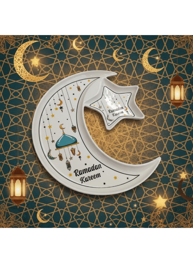 أي كي دي سي طبق تقديم مزخرف من السيراميك الأبيض على شكل هلال ونجمة من مجموعة رمضان من AKDC - أدوات مائدة إسلامية، 27 سم - Image 2