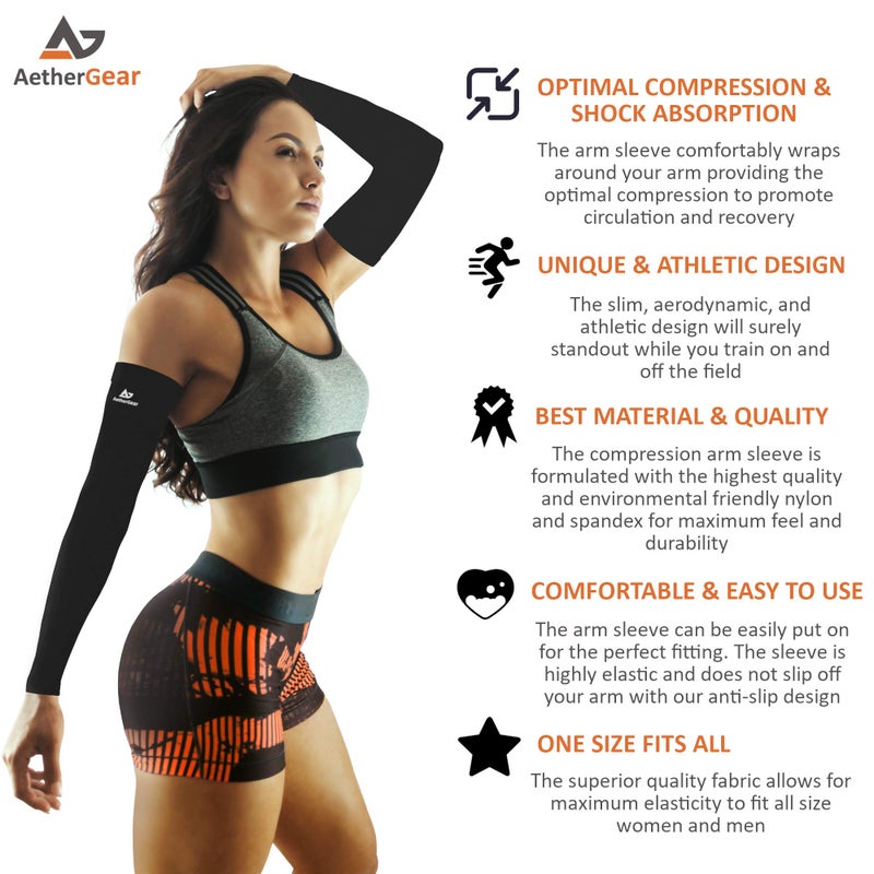 AetherGear Compression Arm Sleeve (2 pack) - Men and Women for Basketball, Volleyball, Tennis, Golf, Baseball, UV Protection (Black) - Image 3