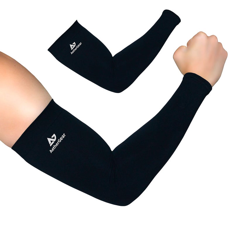 AetherGear Compression Arm Sleeve (2 pack) - Men and Women for Basketball, Volleyball, Tennis, Golf, Baseball, UV Protection (Black) - Image 1