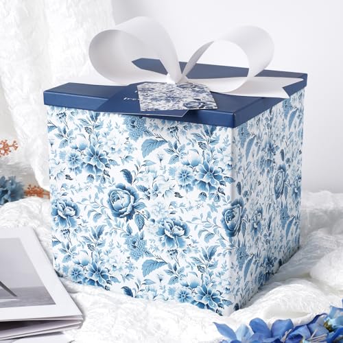 BIOBROWN Medium Gift Boxes with Lids for Presents 9x9x9 Inches Chinoiserie Blue White Peony Floral Design Collapsible Gift Box for Mothers Day Bridal Shower Wedding Birthday Valentines Day - Image 3