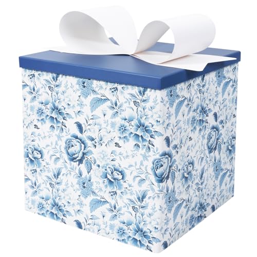 BIOBROWN Medium Gift Boxes with Lids for Presents 9x9x9 Inches Chinoiserie Blue White Peony Floral Design Collapsible Gift Box for Mothers Day Bridal Shower Wedding Birthday Valentines Day - Image 1