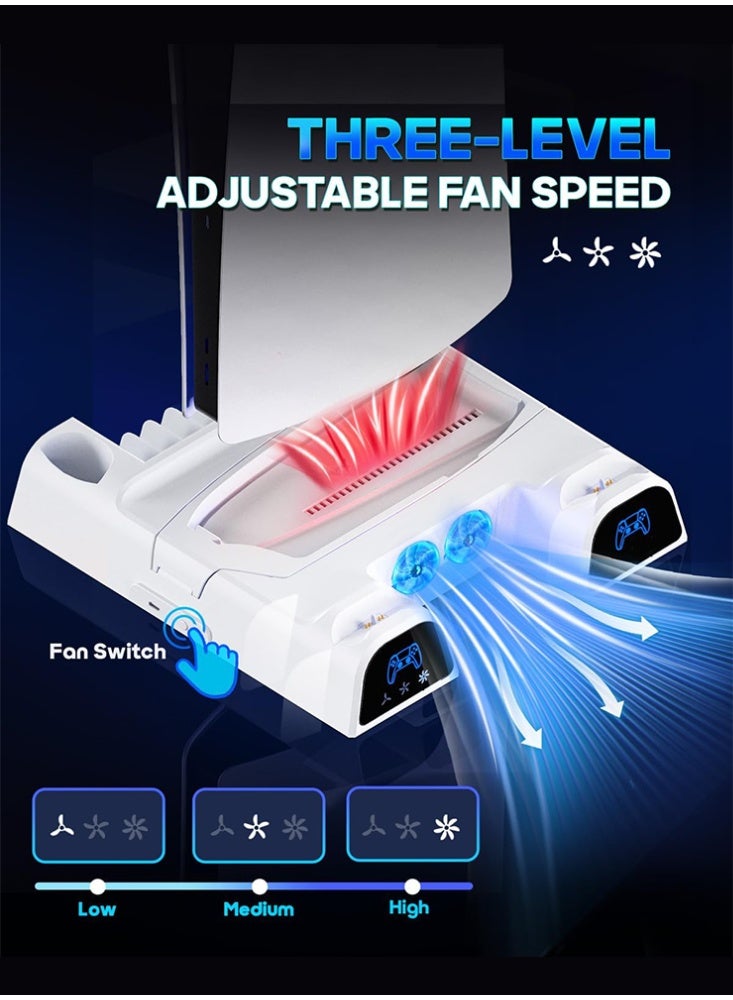 دوبي حامل تبريد لجهاز PS5/Slim/Pro للأقراص ونسخة الرقمية، شاحن وحدة التحكم PS5 مع مروحة بثلاث سرعات و11 قطعة تخزين للألعاب، ملحقات PS5/Slim/Pro - Image 2