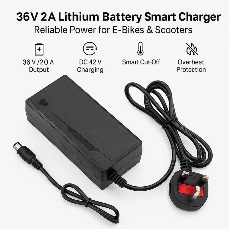 FUKUKAWA 36V 2A Lithium Battery Charger DC42V Output | Smart Cut-Off Fast Charging Adapter with UK 3-Pin Plug | Compatible with 36V E-Bike, Scooter, Hoverboard, Lithium-Ion Battery - Image 3