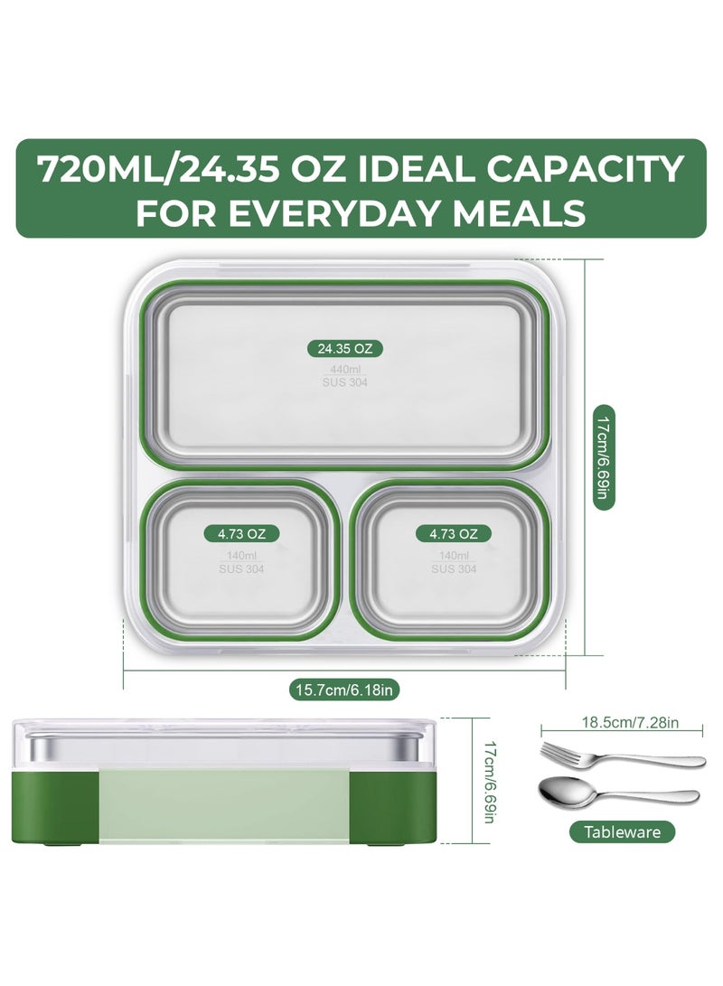 أداندو علبة غداء من الفولاذ المقاوم للصدأ 304: علبة بينتو حرارية بثلاث حجرات، سعة 720 مل، آمنة للاستخدام في الميكروويف - معزولة حراريًا ومانعة للتسرب، مناسبة للبالغين والطلاب والمدارس - مع حقيبة حرارية وأدوات مائدة (أخضر) - Image 5