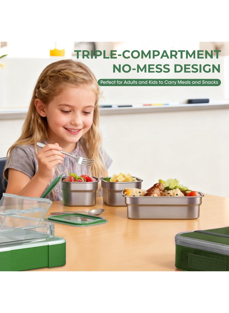 أداندو علبة غداء من الفولاذ المقاوم للصدأ 304: علبة بينتو حرارية بثلاث حجرات، سعة 720 مل، آمنة للاستخدام في الميكروويف - معزولة حراريًا ومانعة للتسرب، مناسبة للبالغين والطلاب والمدارس - مع حقيبة حرارية وأدوات مائدة (أخضر) - Image 2