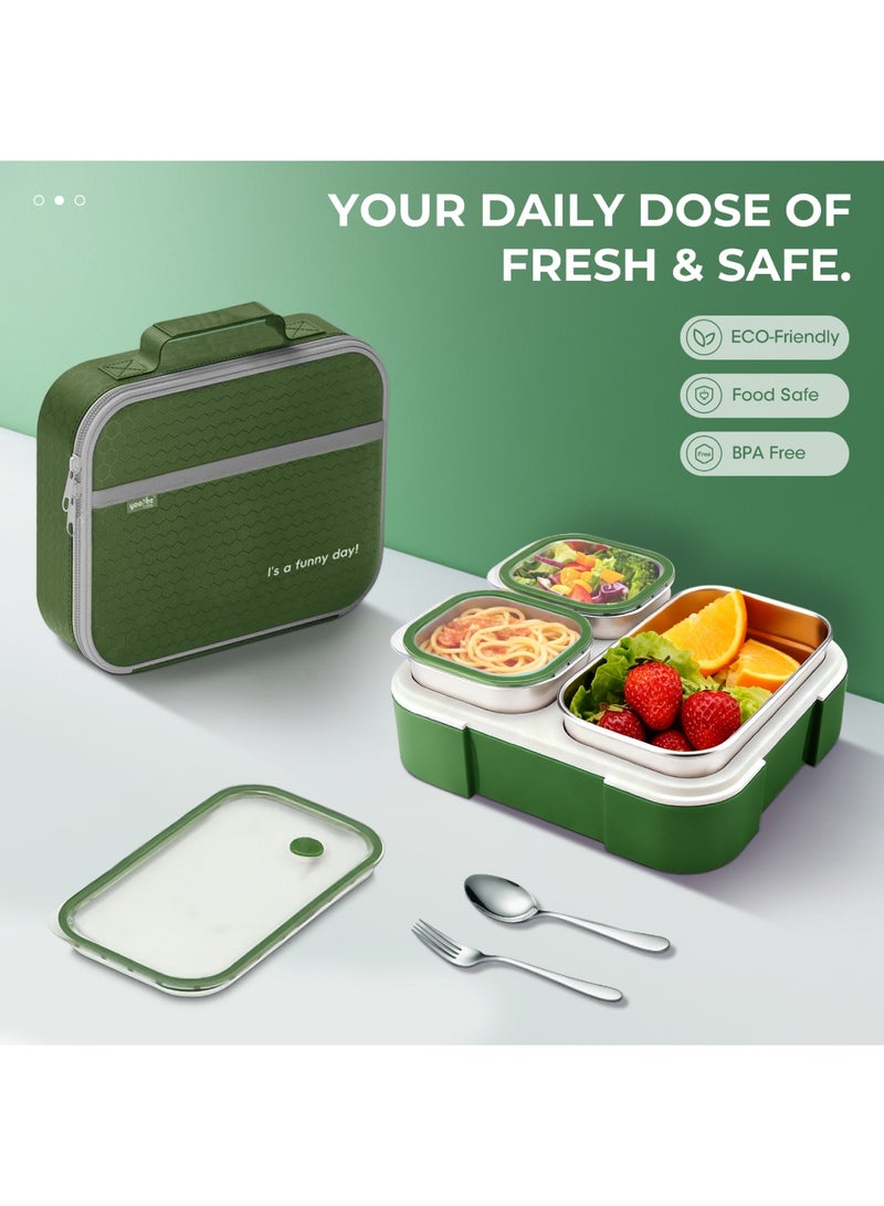 أداندو علبة غداء من الفولاذ المقاوم للصدأ 304: علبة بينتو حرارية بثلاث حجرات، سعة 720 مل، آمنة للاستخدام في الميكروويف - معزولة حراريًا ومانعة للتسرب، مناسبة للبالغين والطلاب والمدارس - مع حقيبة حرارية وأدوات مائدة (أخضر) - Image 3