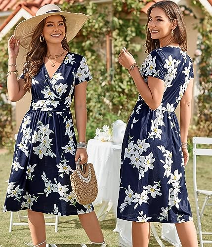 OUGES Women's Summer Short Sleeve V-Neck Pattern Knee Length Dress with Pockets Casual Summer Dress Sundresses for Women 2025(floral01,L) - Image 2