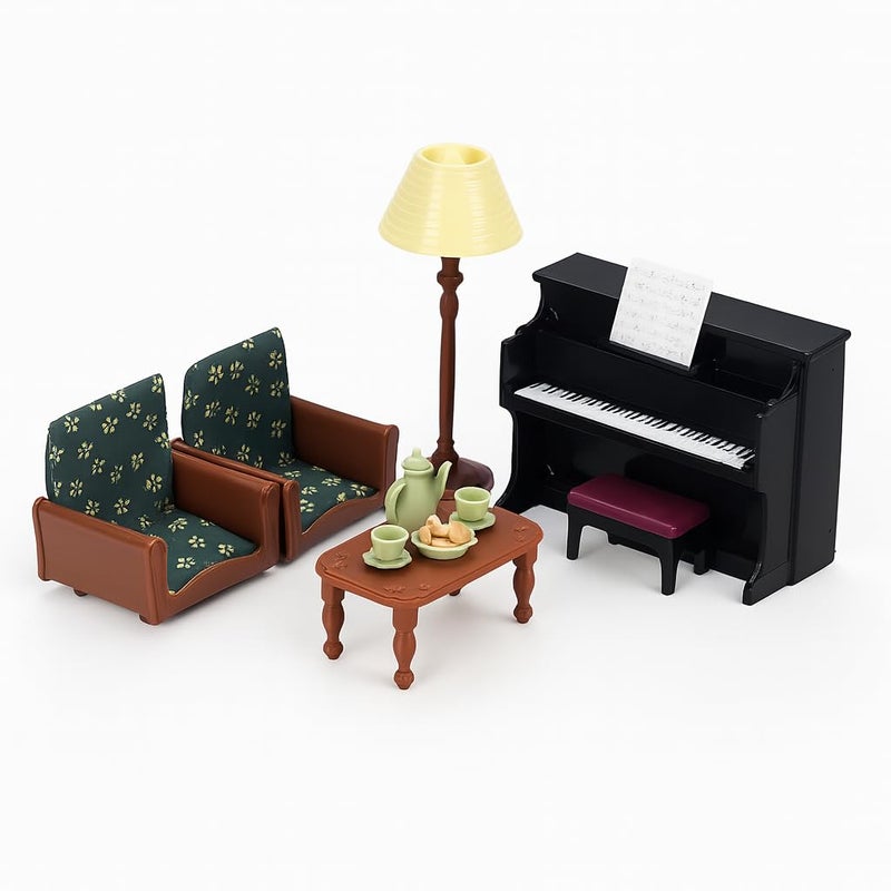 OLEOCA Family Dollhouse Living Room Set Piano with Bench Sheet Music Two Armchairs Coffee Table Floor Lamp Tea Set Dollhouse Furniture Accessories for Ages 3 - Image 3
