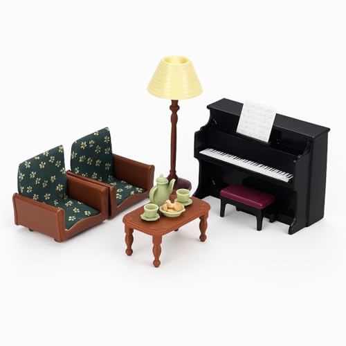 OLEOCA Family Dollhouse Living Room Set Piano with Bench Sheet Music Two Armchairs Coffee Table Floor Lamp Tea Set Dollhouse Furniture Accessories for Ages 3 - Image 1