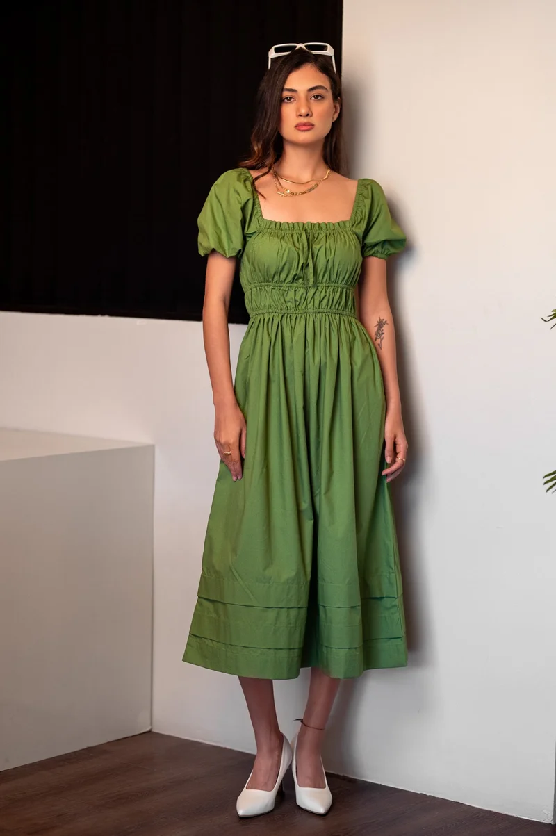 Solid Cotton Waist Gathered Dress for Women