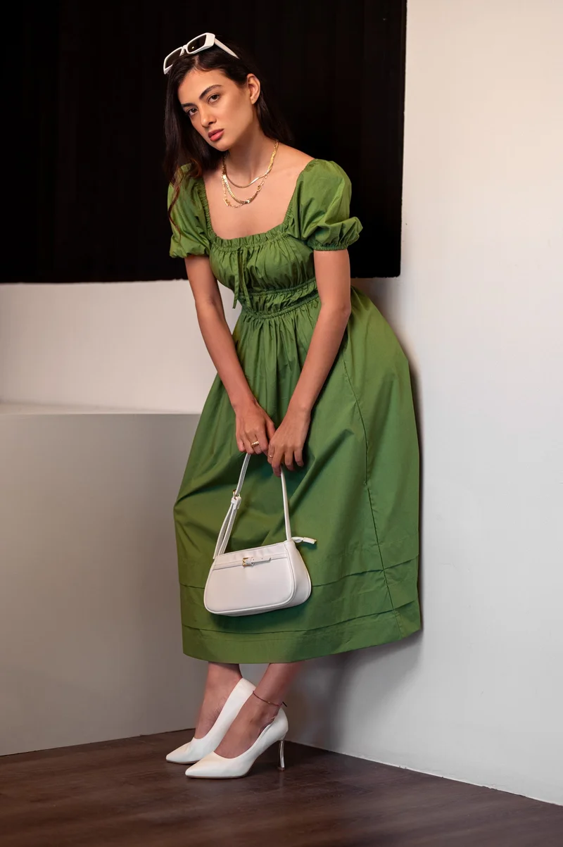 Virgio Solid Cotton Waist Gathered Dress for Women