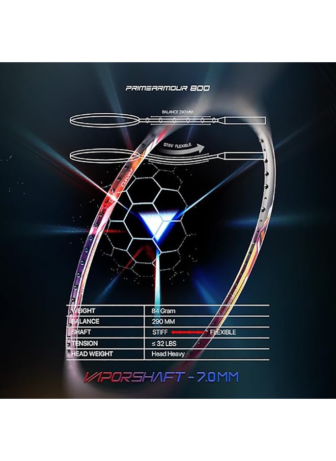 HUNDRED - PRIMEARMOUR 800 Carbon Fibre Strung Badminton Racket with Full Racket Cover  | For Intermediate Players | 84 grams | Maximum String Tension - 32lbs - Image 1