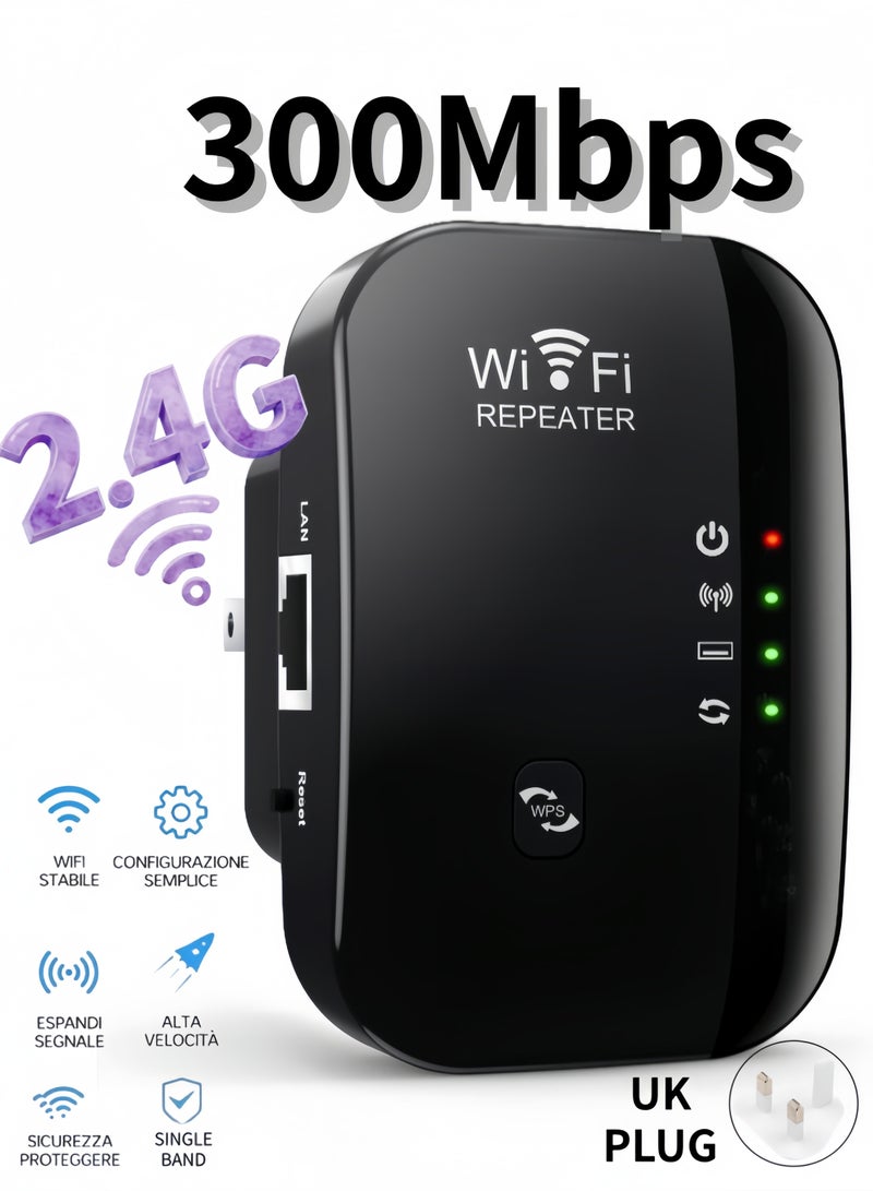 300Mbps 2.4Ghz Single Band WiFi Extender Signal Booster, Wireless Network Repeater, Long Range Amplifier with Ethernet Port, Access Point, 360° Full Coverage - Black - Image 1