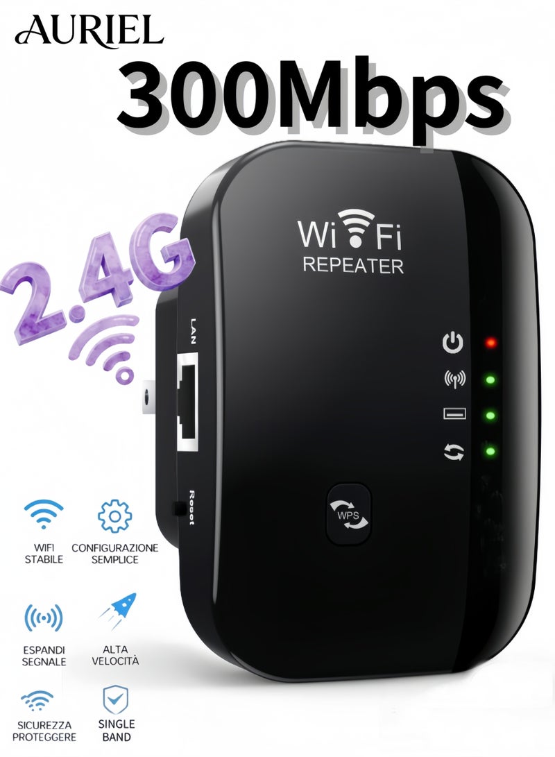 AURIEL 300Mbps 2.4Ghz Single Band WiFi Extender Signal Booster, Wireless Network Repeater, Long Range Amplifier with Ethernet Port, Access Point, 360° Full Coverage - Black - Image 1