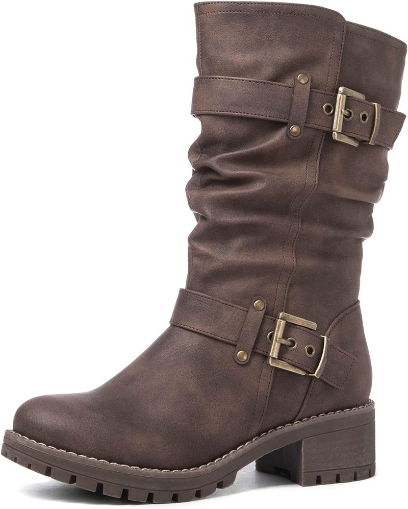 GLOBALWIN Women's Mid Calf Biker Boots - Brown, Size 8M (39 EU) - Image 1