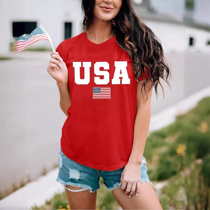 Cotton Code USA American Flag July 4th Independence Day T-Shirt Women plus size Short Sleeve Crewneck - Image 3