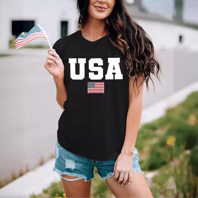 Cotton Code USA American Flag July 4th Independence Day T-Shirt Women plus size Short Sleeve Crewneck - Image 2
