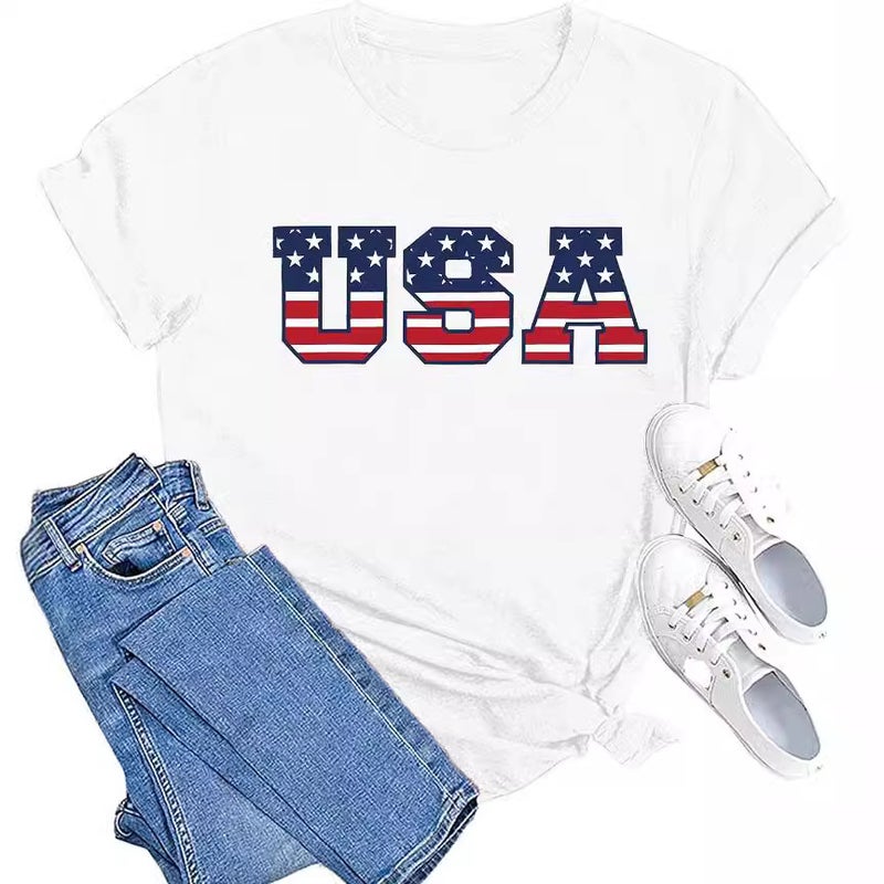 Cotton Code USA American Flag July 4th Independence Day T-Shirt Women plus size Short Sleeve Crewneck - Image 4