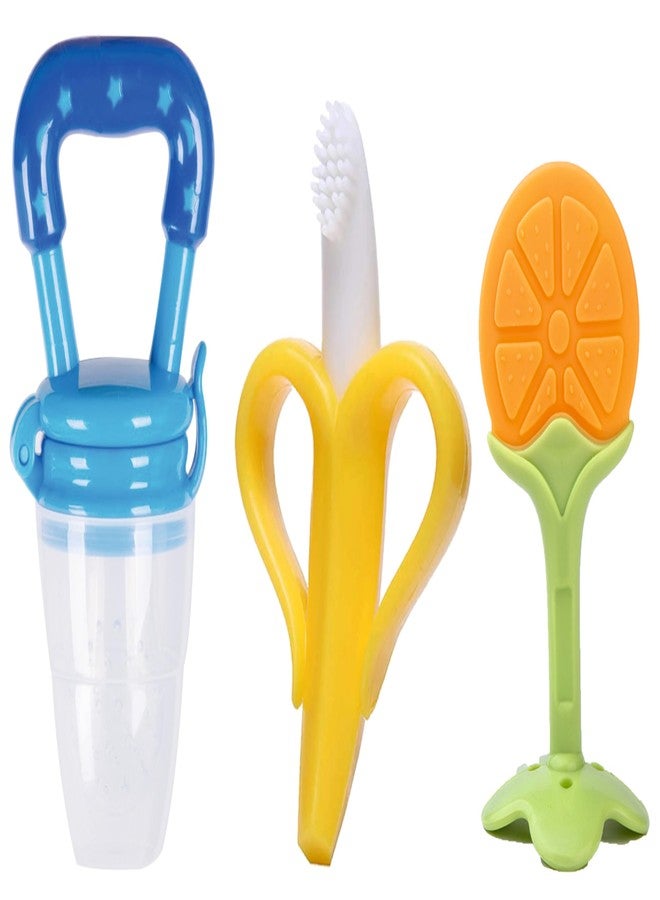 Roforuf Baby Banana Teether,Orange Teether & Fruit Feeder Combo – Safe & Soft Teething Relief & Oral Care Perfect for Newborn Toddlers & Infant Baby - Pack of 3 (Blue ORNG) - Image 1