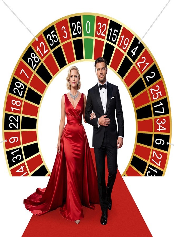 Tiamon Casino Party Decoration 70.9 x 50.4in Casino Night Porch Sign Banner Roulette Wheel Backdrop Red and Black Front Door Decor for Birthday Party Decor Supplies Holiday Photo Booth Props - Image 1