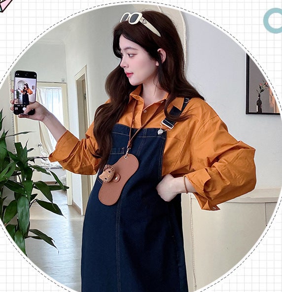2025 spring new fashion dark Denim strap skirt shirt two-piece set slimming outer wear pregnant women suit tide Orange shirt 
