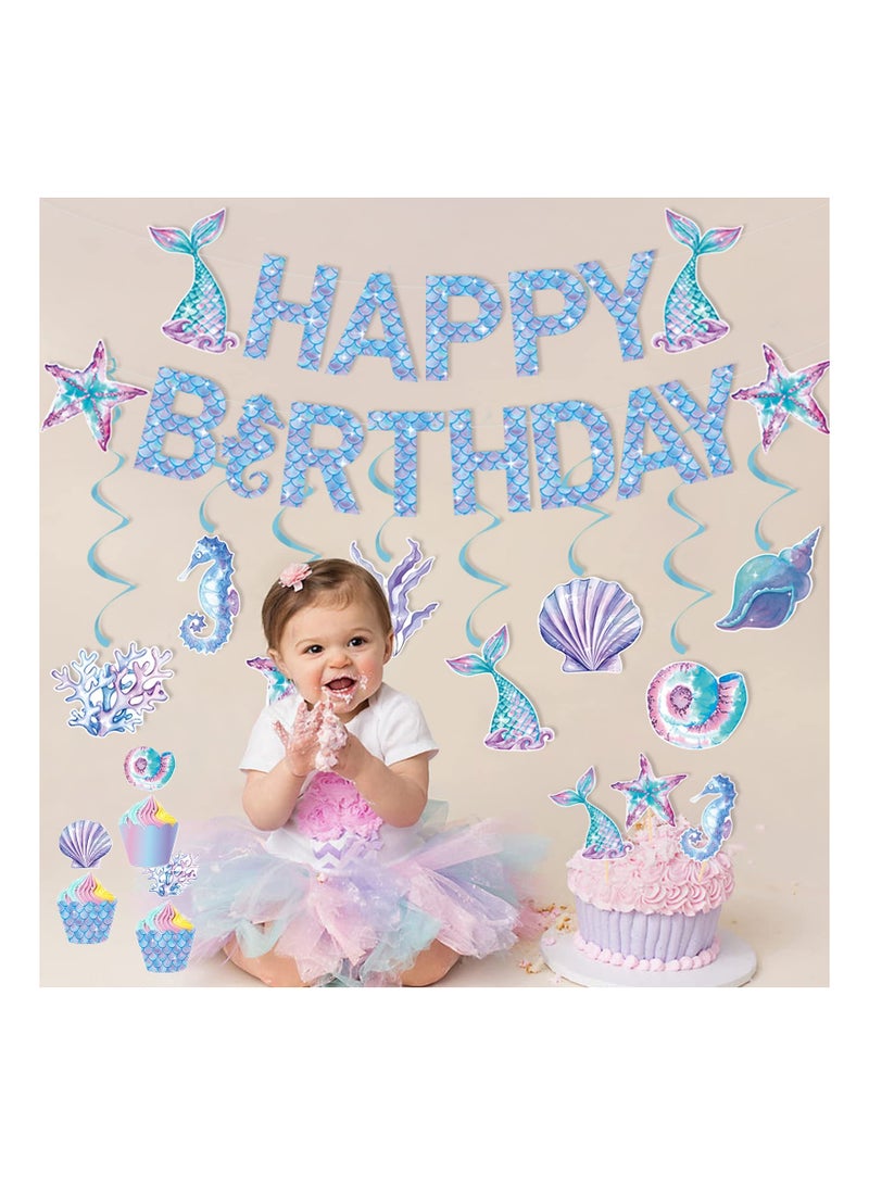 Excefore Mermaid Birthday Banner, Mermaid Birthday Decorations Happy Birthday Banner and Hanging Swirls For Girls And Boys, Baby Shower, Under The Sea Party Supplies - Image 1
