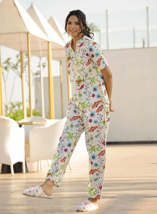 sanskrutihomes Sanskrutihomes Printed Pure Cotton Short Sleeve Top and Pyjama Set