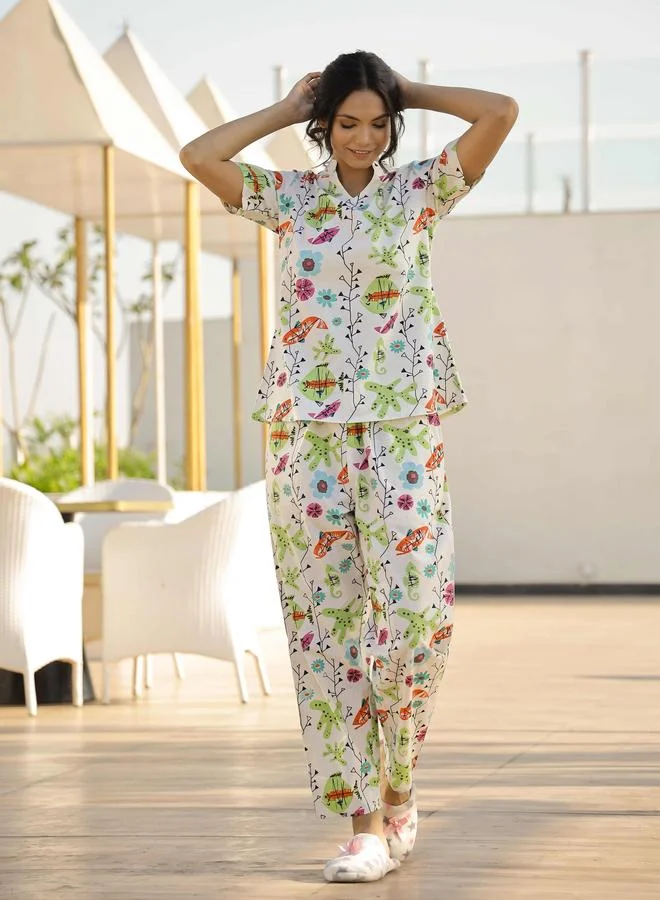 sanskrutihomes Sanskrutihomes Printed Pure Cotton Short Sleeve Top and Pyjama Set