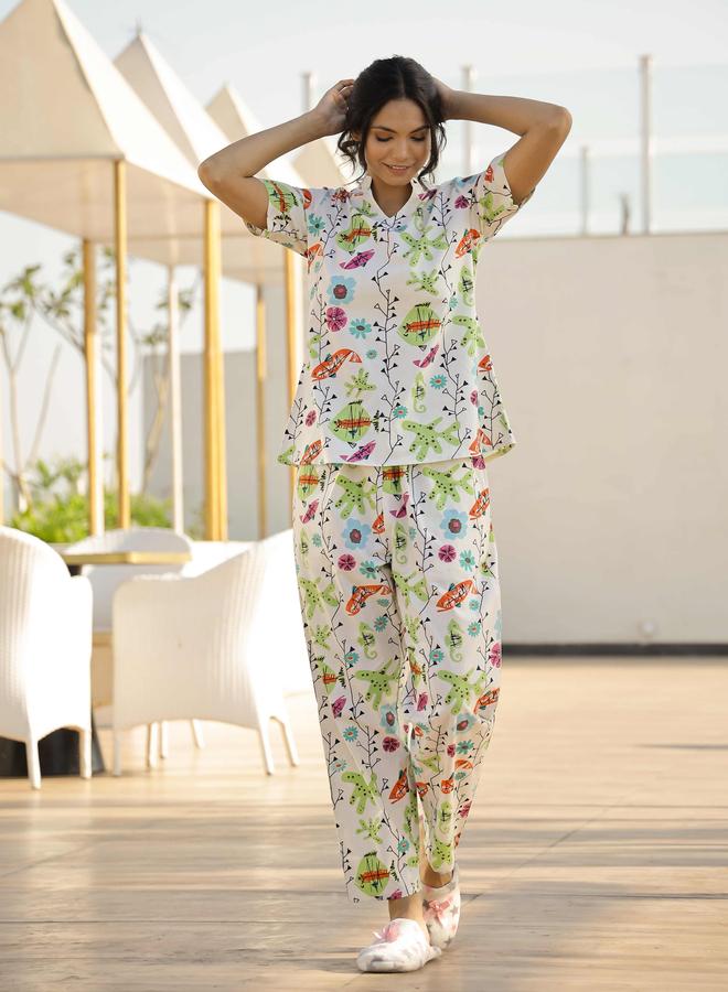 Sanskrutihomes Printed Pure Cotton Short Sleeve Top and Pyjama Set - Image 1